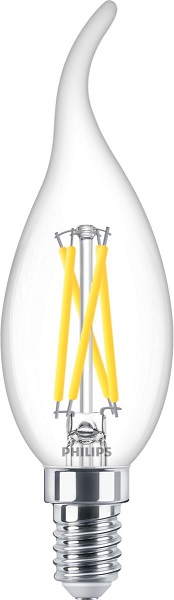 Philips Master LED Candle BA35 bentip kaarslamp DT 2,5W=25W E14 240V 927-922 helder Dimtone dimbaar
DimTone Dim to warm, kleurtemperatuur verschuift van warmwit (2700K) naar zeer warmwit (2200K) bij volledig dimmen