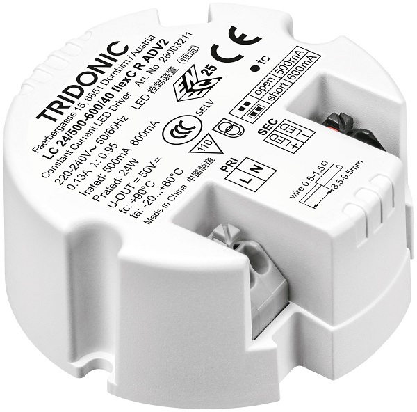 Tridonic 28003211 LED driver LC 24/500-600/40 flexC R ADV2 rond niet dimbaar