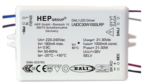 HEP LNDC30W700LRP 700mA LEDdriver 21-29,4W Dali dimbaar inbouw met bedrading