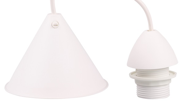 FL pendelsnoer 0,8m E27 met flens buitendraad, plafondkap met schroef en kroonsteen, kap en schroefring wit