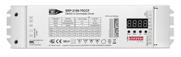 Sunricher SRP-2108-75CFF LED driver 250-1500mA 4 kanalen totaal max. 75W DMX