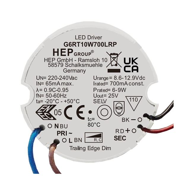 HEP 6RT10W350LRP 350mA 4,6-9,1W LEDdriver dimbaar rond met bedrading