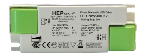 HEP LETC20W500LR-Z 500mA 12,5-21W LEDdriver dimbaar opbouw met trekontlasting