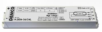 Demco H.DEM-136/12L lage uitvoering vsa TL-D PL-L geschikt voor 1xTL-D 15W, 18W, 30W, 36W en 38W, 1xPL-L 18W, 24W en 36W 
12V DC gelijkspanning (10V-16V) 16V kortstondig