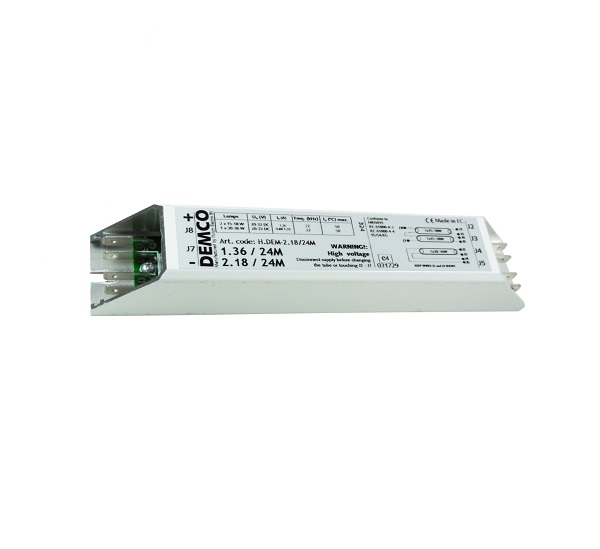 Demco H.DEM-2.18/24M vsa TL-D PL-L geschikt voor 2xTL-D 15W, 18W of 1x30W, 36W en 38W, 2xPL-L 18W
24V DC gelijkspanning (20V-32V) 32V kortstondig