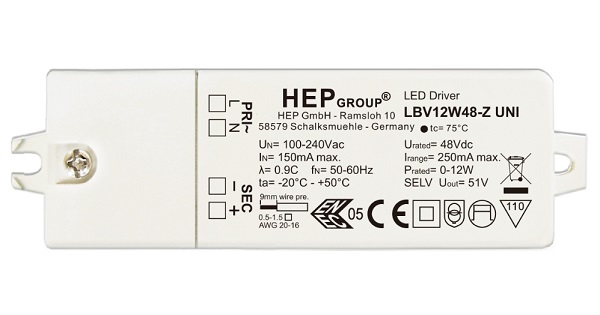 HEP LBV12W 12-Z Uni LED voeding 12V DC 12W met trekontlasting