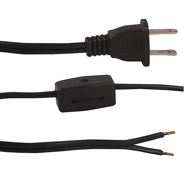 FL USA snoer met schakelaar UL 2xAWG18 120cm tussen stekker en schakelaar, 80cm vrije uiteinde zwart