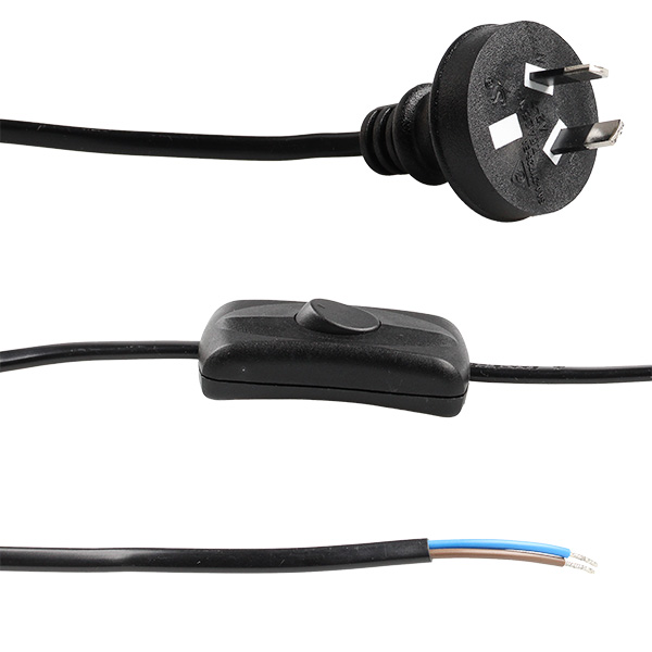 FL Australië snoer met 2 polige schakelaar H03VVH2-F 2x0,75 20cm tussen stekker en schakelaar, 300cm vrije uiteinde zwart