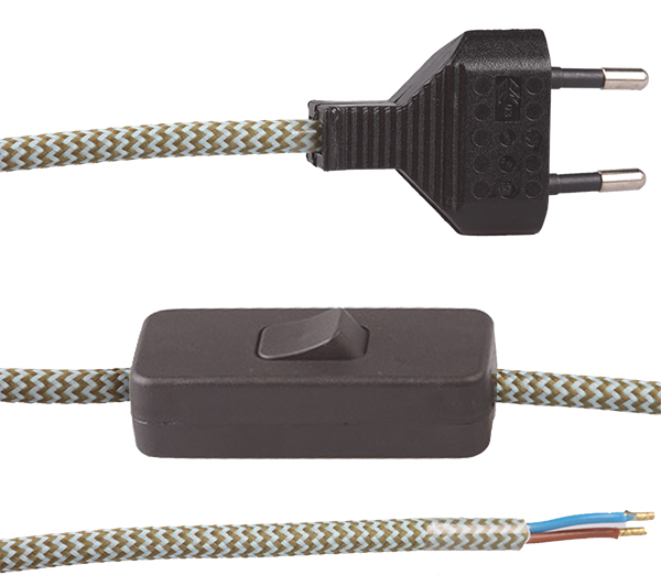 FL stofkabel met zwarte eurostekker en zwarte snoerschakelaar 2x0,75mm2 2,0m stofkabel zigzag mosgroen lichtblauw