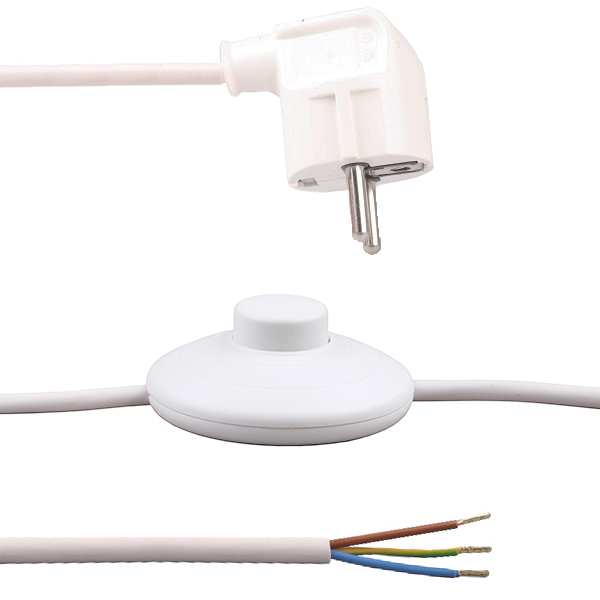 Aansluitsnoer met stekker en ronde vloerschakelaar 3x0,75mm2 4,5m wit