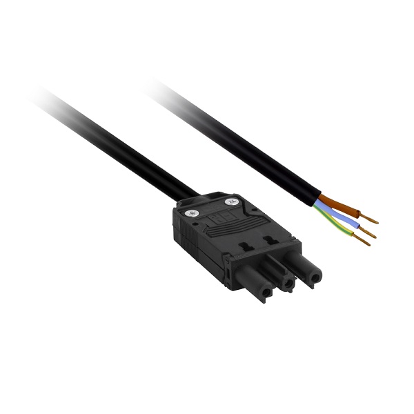 Elet-Plast aansluitsnoer met platte 3 polige female connector en een zijde gestript 1,0m 3x1,5mm2 70° zwart