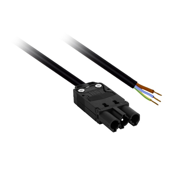 Elet-Plast aansluitsnoer met platte 3 polige male connector en een zijde gestript 0,5m 3x1,5mm2 70° zwart