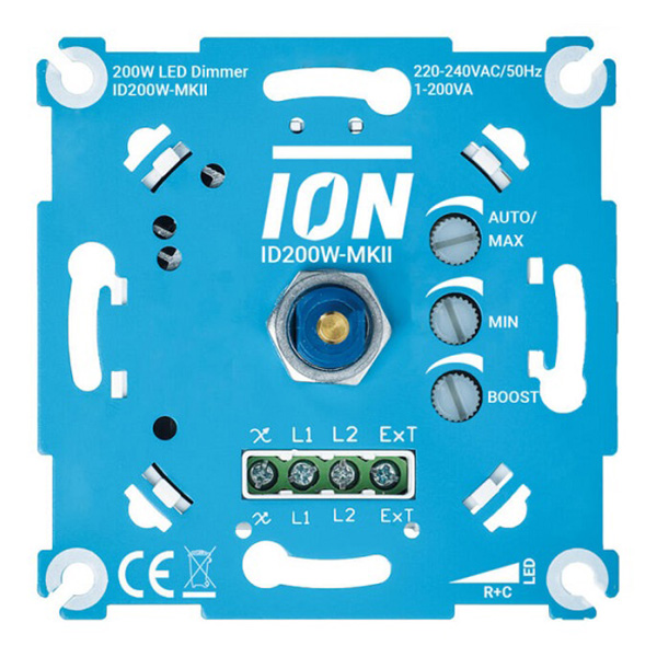 Ion Industries ID200W-MKII inbouwdimmer wissel 1-200W voor dimbare LED's, gloeilampen, 230V halogeenlampen en 12V halogeenlampen met elektronische trafo
