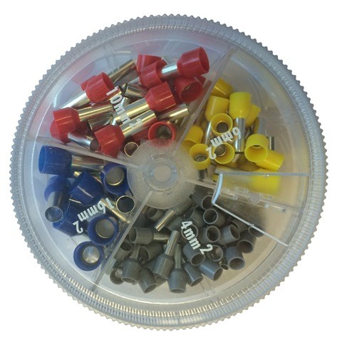 Adereindhuls strooidoos inhoud 100 stuks geisoleerde adereindhulzen 50 x 4mm2, 20 x 6mm2, 10 x 10mm2, 10 x 16mm2